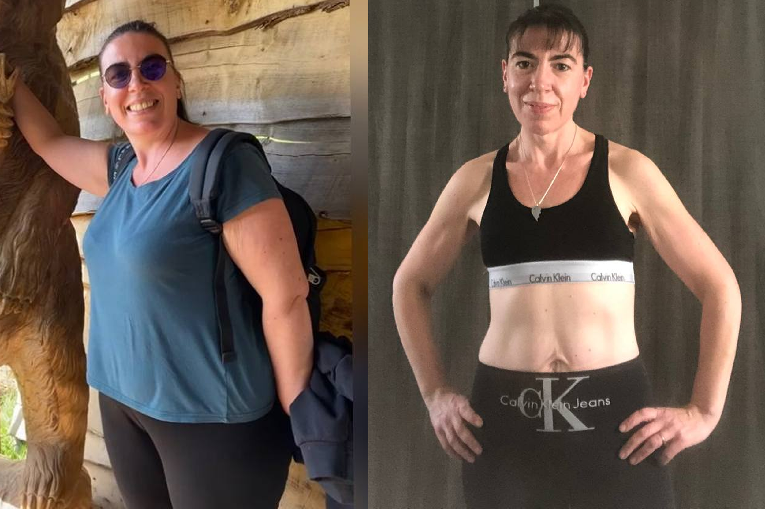 Deux femmes posant côte à côte, l'une à gauche avec un sac à dos et lunettes de soleil, et l'autre à droite en tenue de sport avec une silhouette tonifiée.