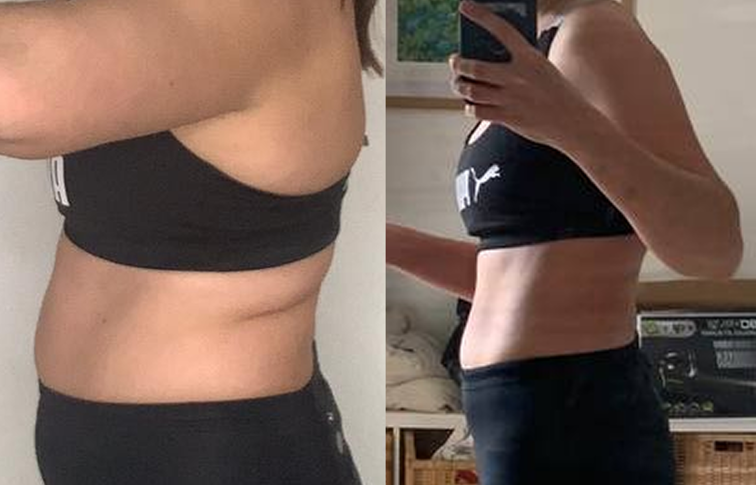 Comparaison de deux photos de profil d'une femme portant un haut noir. La première montre une silhouette plus large et moins fine, la seconde une silhouette plus mince et tonique.
