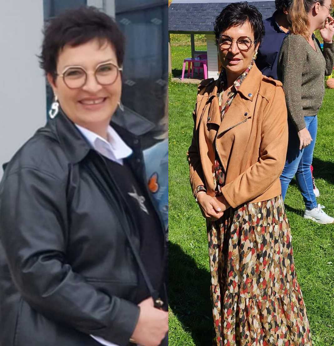 Deux femmes posent pour une photo extérieure, une souriante avec un blazer noir et lunettes, l'autre portant une veste beige et une robe à motifs avec un groupe de personnes en arrière-plan.