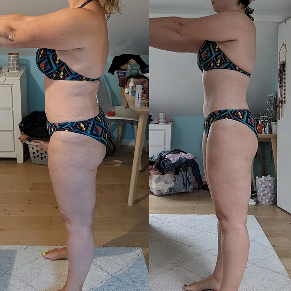 Comparaison de deux photos d'une femme en maillot de bain, montrant une transformation corporelle avec une perte de poids visible, prises dans la même pièce.