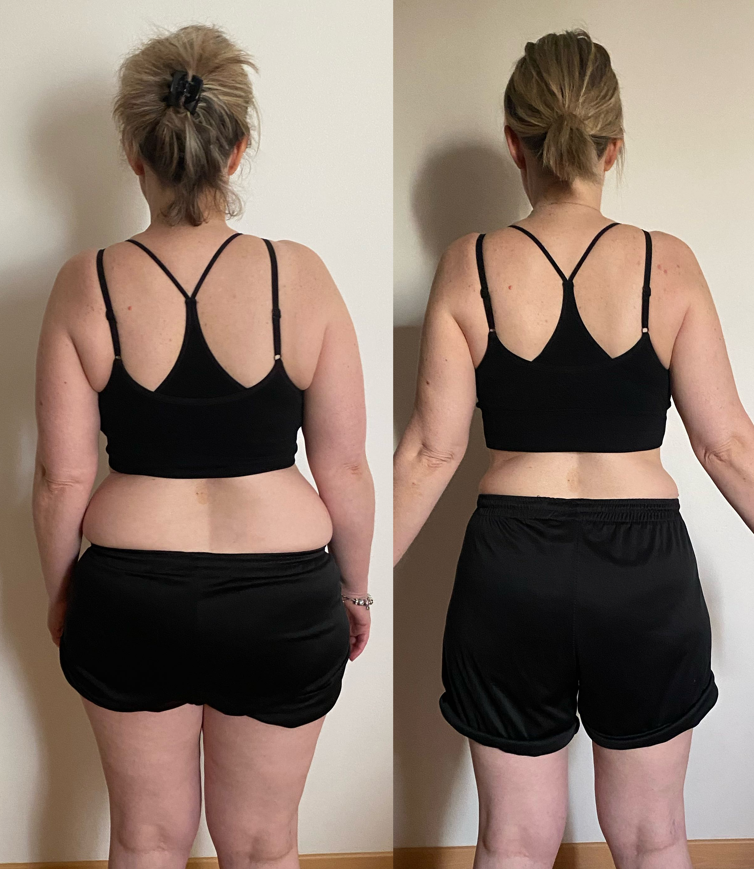 Comparaison de deux photos d'une femme vue de dos, portant un haut noir et un short noir, montrant une perte de poids et une réduction de la taille de la taille et des jambes entre les deux images.