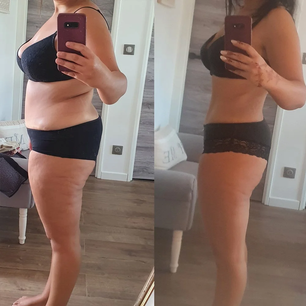 Comparison de deux photos de profil d'une femme prenant un selfie dans un miroir, portant un soutien-gorge noir et un dessous noir, montrant une perte de poids significative.