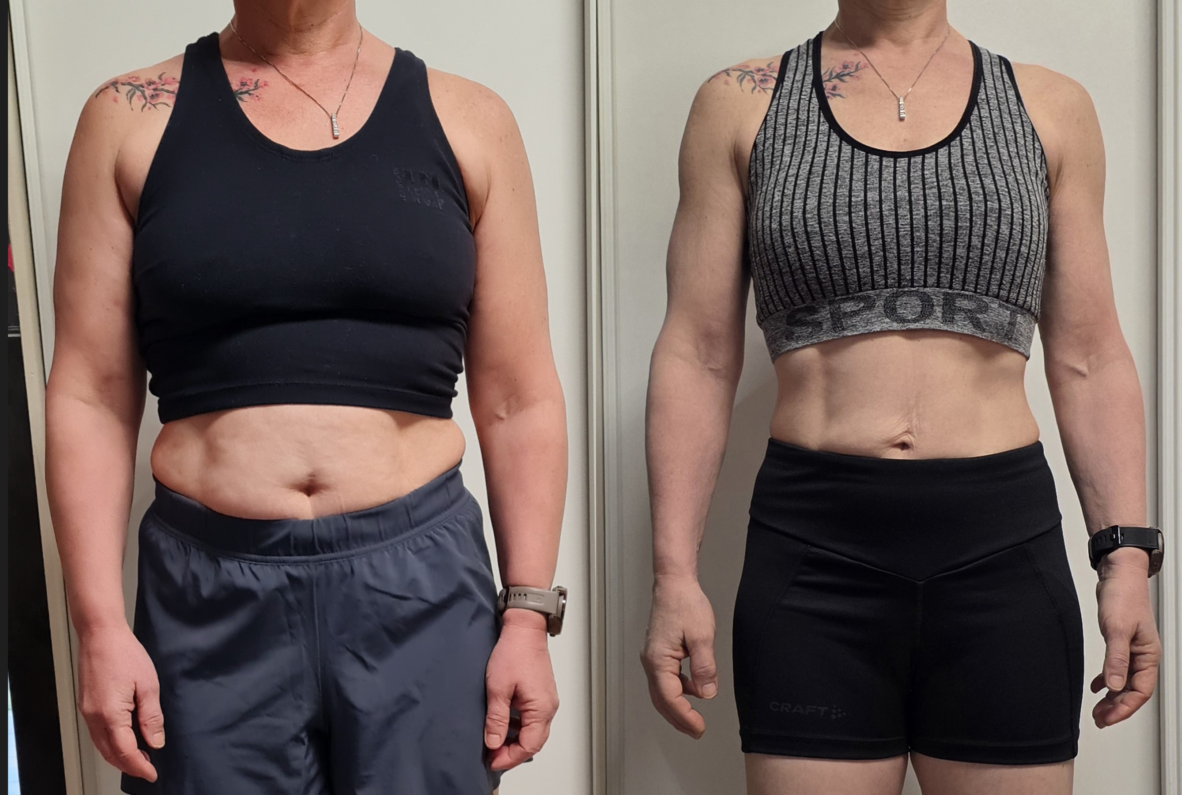 Comparaison de transformation physique de deux femmes, avant et après, portant des vêtements de sport, montrant une perte de poids et de tonus musculaire.