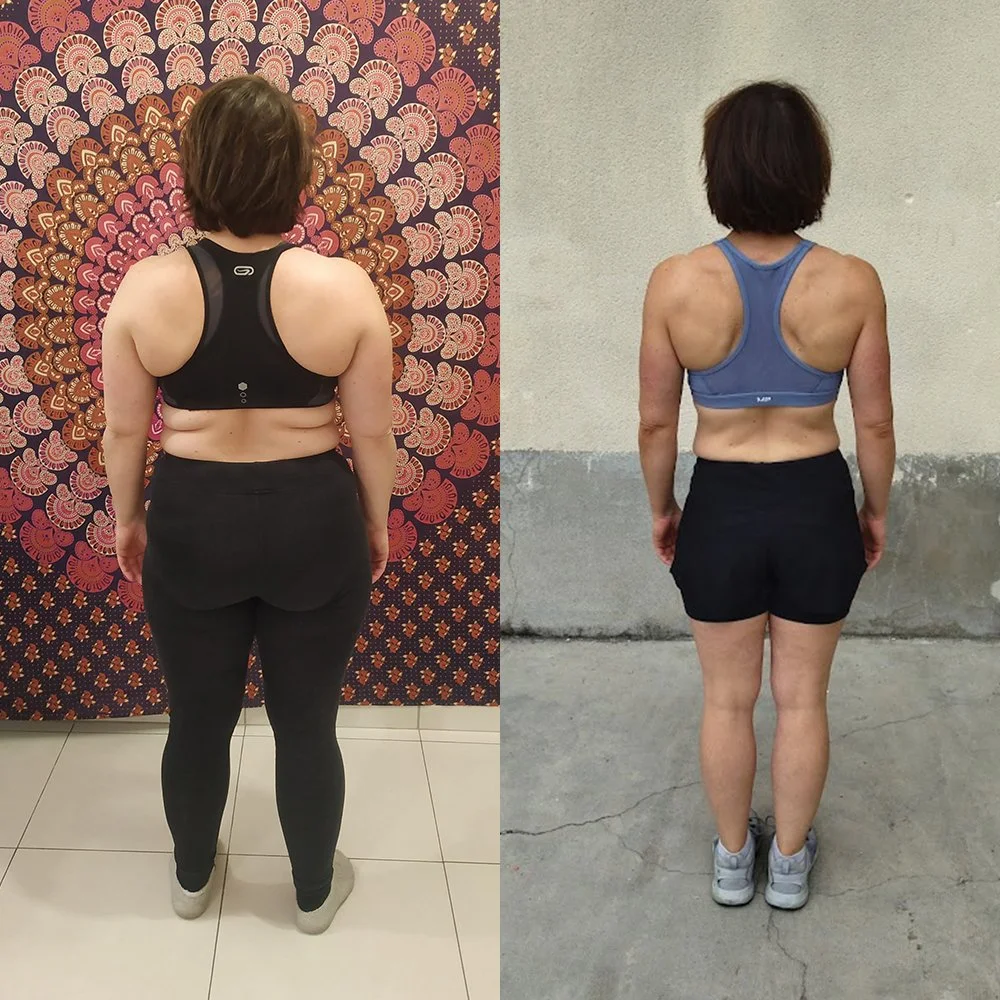 Comparaison de deux photos du dos d'une femme montrant une perte de poids ou un changement physique.