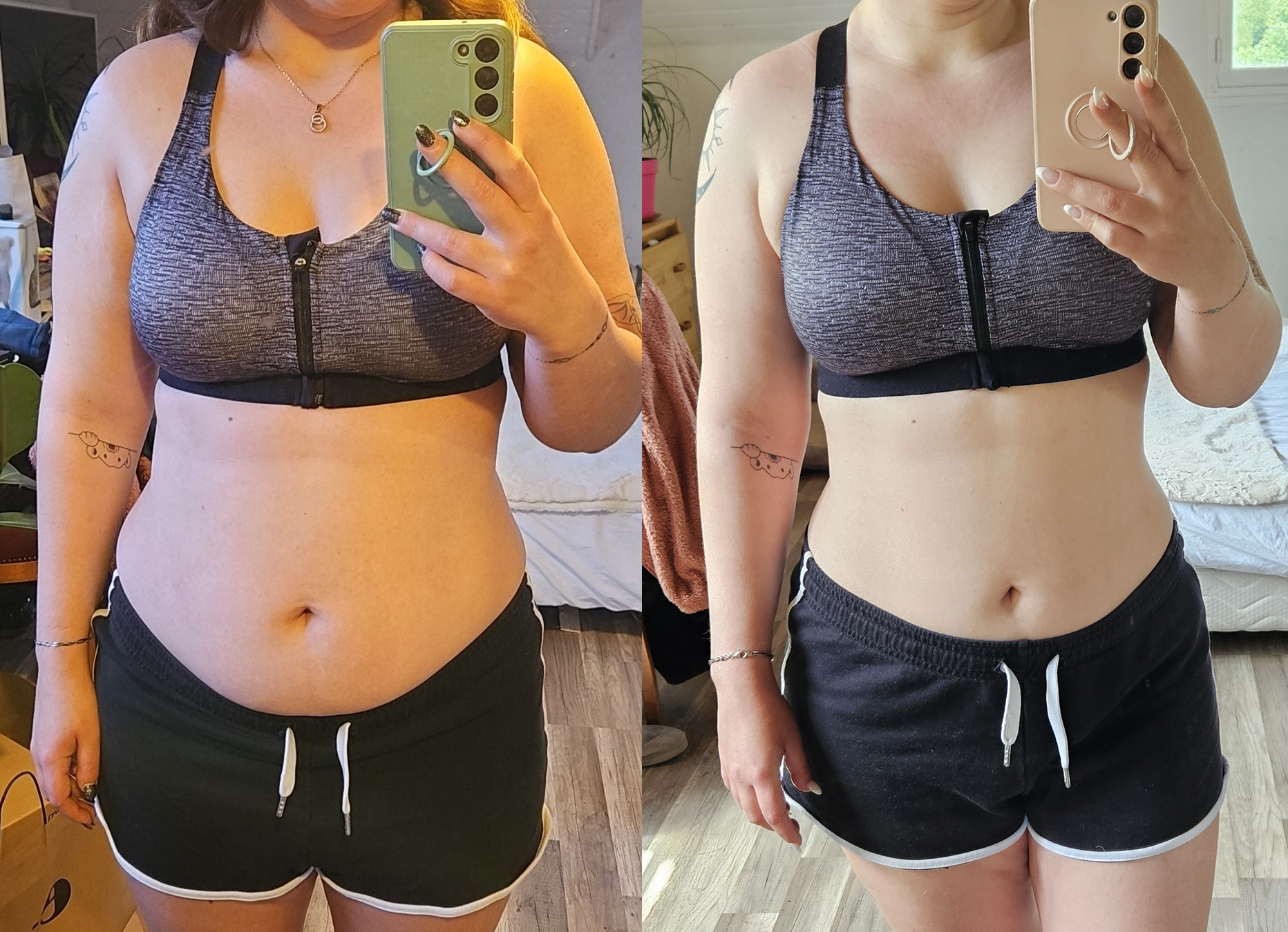 Comparaison de deux selfies de femme en tenue de sport, montrant une perte de poids significative. Sur la gauche, elle porte un top gris et un short noir avec une ceinture blanche, avec une silhouette plus ronde. Sur la droite, elle porte la même ten