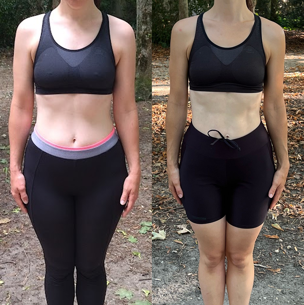 Photo d'une femme montrant une transformation physique, en vêtements de sport, avant (gauche) et après (droite) une perte de poids ou un entraînement. Du même genre de vêtements, à l'extérieur, avec un fond naturel.