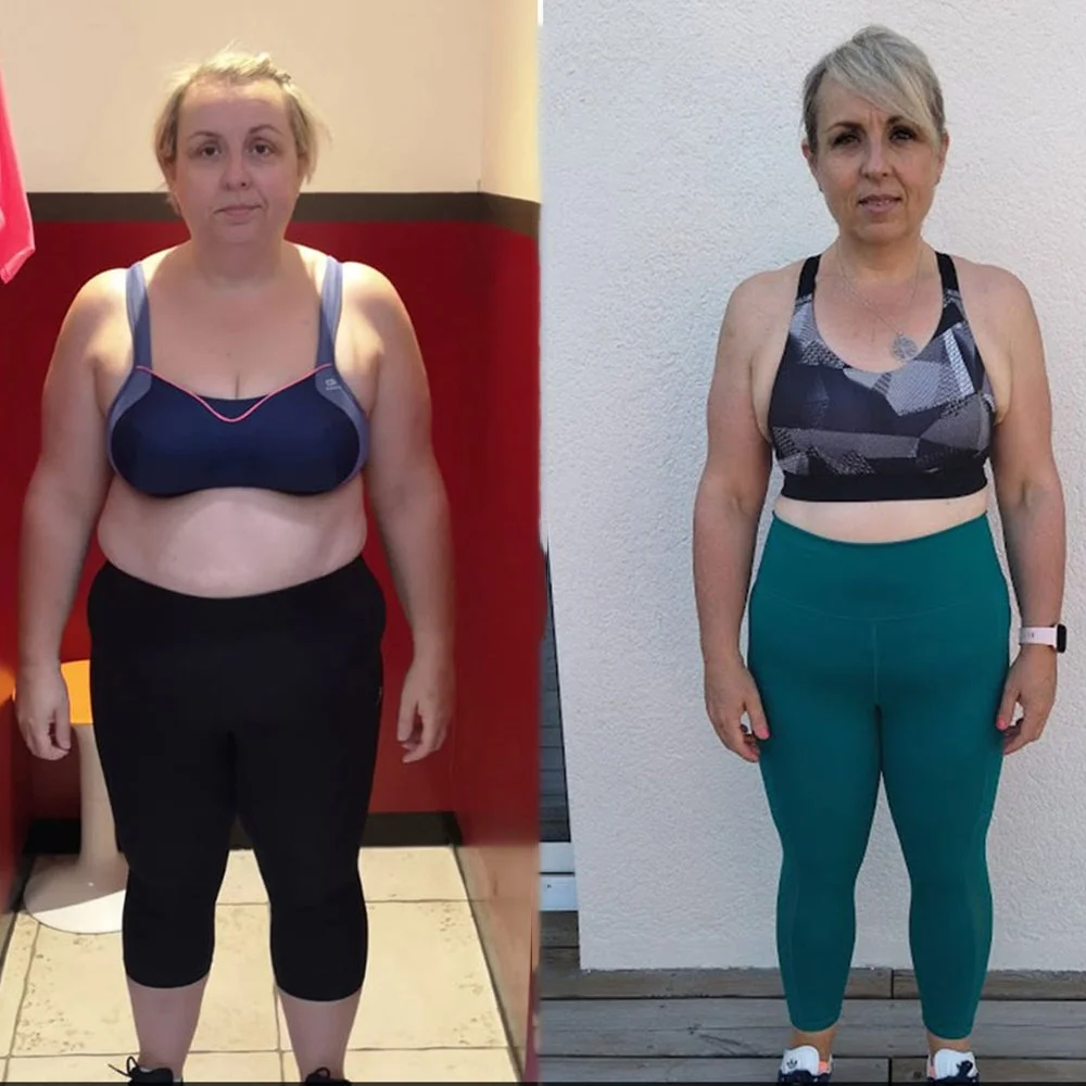 Comparaison de deux photos d'une femme avant et après une perte de poids, vêtue de vêtements de sport, avec des différences visibles dans la silhouette et le visage.