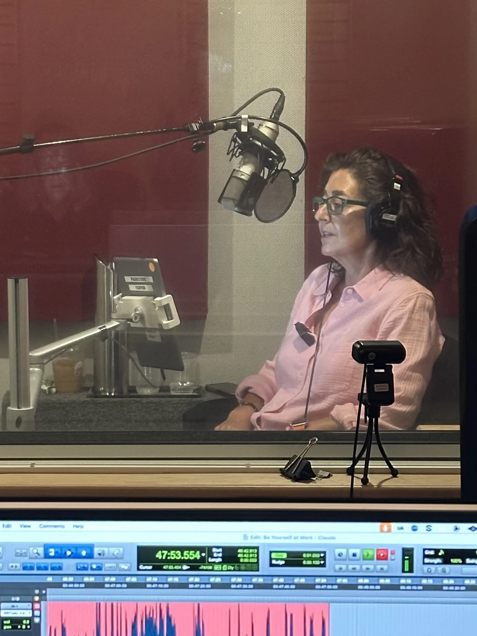 A woman wearing glasses and a pink shirt is recording in a soundproof studio with a microphone, headphones, and sound equipment, viewed through a glass window.