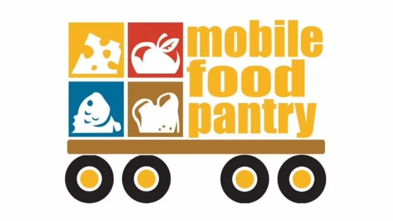 Graphic of a food truck with the words 'Mobile Food Pantry' and images of cheese, apple, fish, and bread.