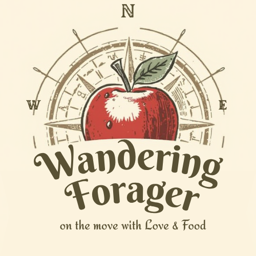 Vintage-style logo with a red apple and compass rose, text reads "Wandering Forager, on the move with Love & Food".