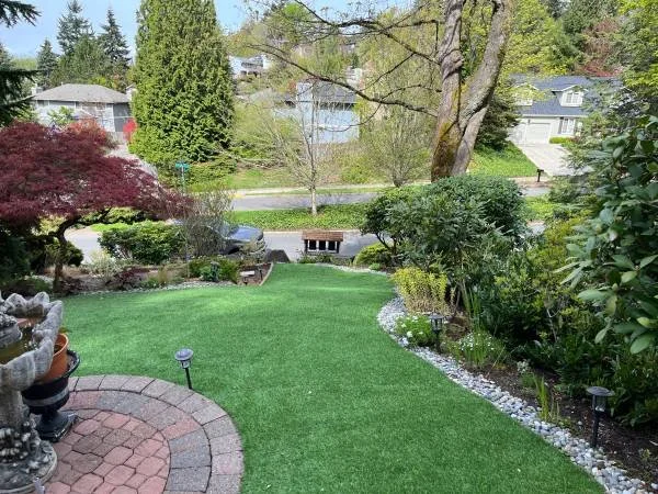 artificial turf adds tons of greenery to a front yard