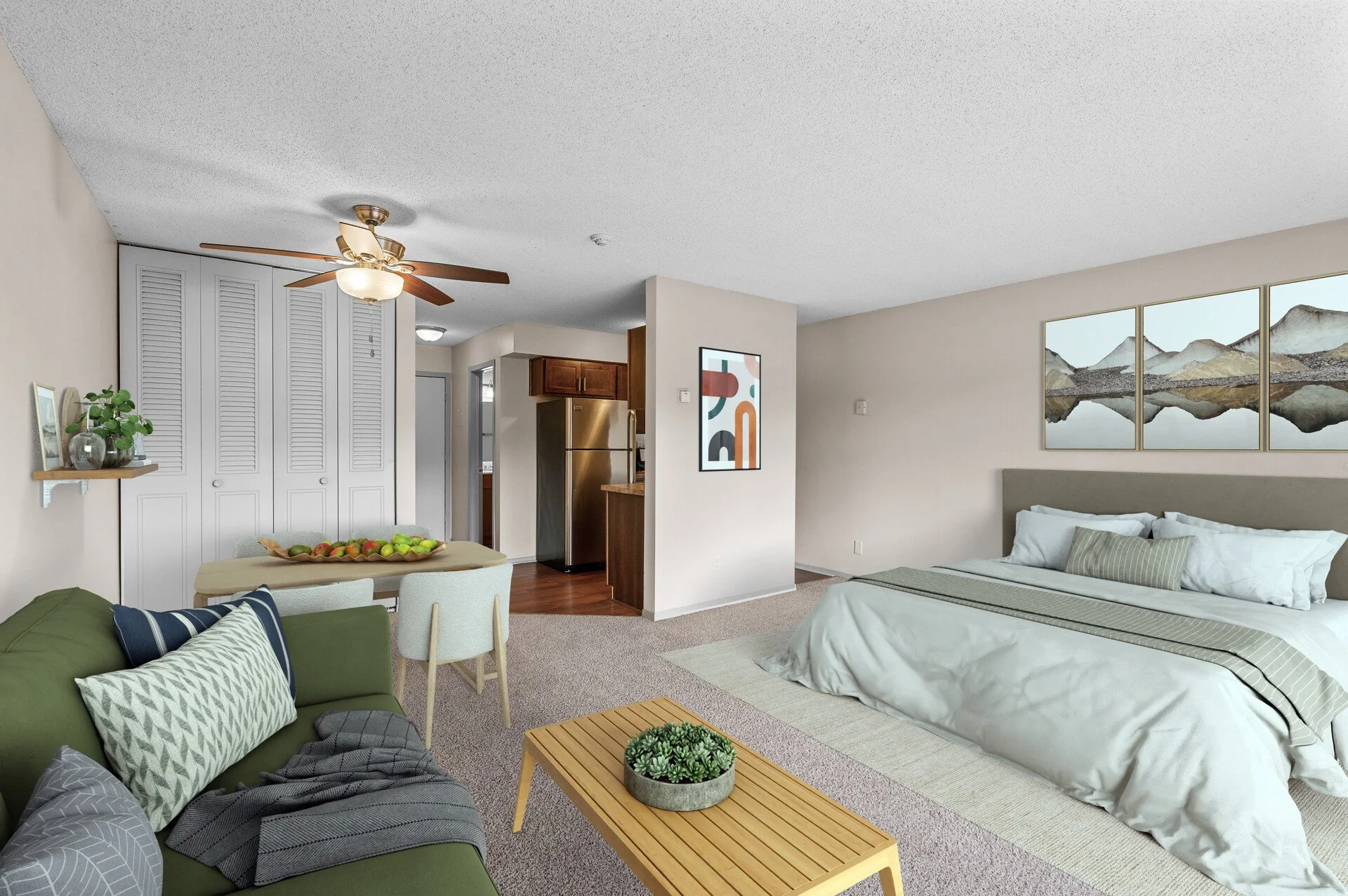 Studio bedroom at Cedar Valley Apartments