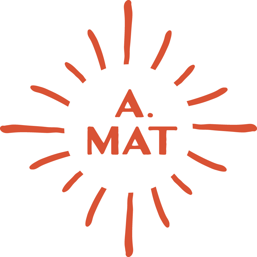 Text reading "A. MAT" surrounded by orange lines radiating outward on a black background.
