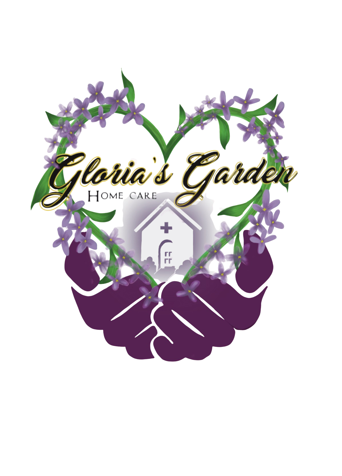 Logo for Gloria's Garden with purple flowers, green leaves, a silhouette of hands, and text 'Gloria's Garden' in gold and black.