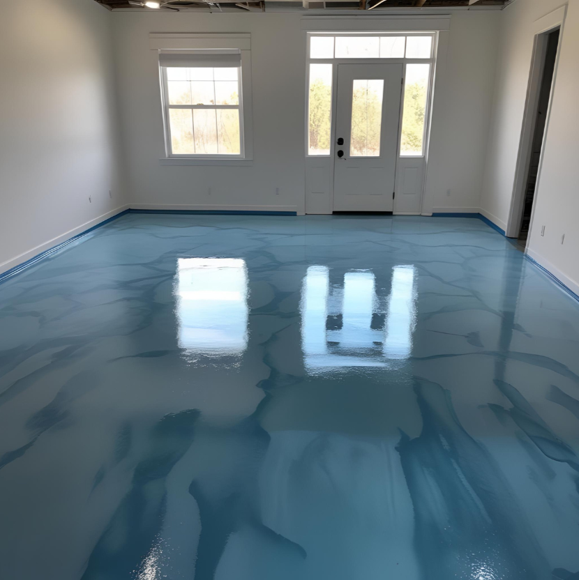 Blue metallic epoxy flooring in a finished interior space in Northern Virginia