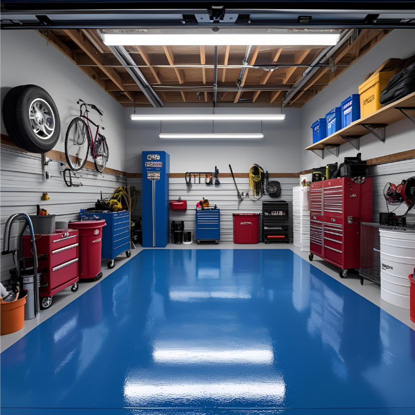 Two-tone solid epoxy garage floor with blue center and gray border in a Northern Virginia home
