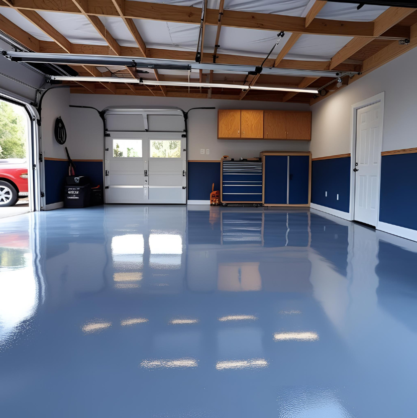 Blue solid epoxy garage floor installation in a Northern Virginia home