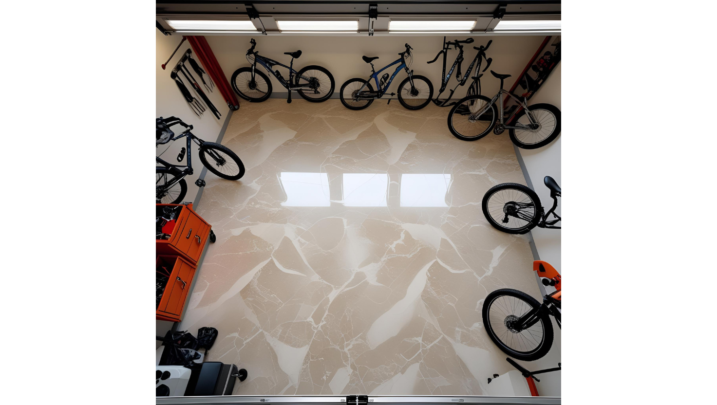 Metallic beige epoxy garage floor with bicycles in a Northern Virginia home
