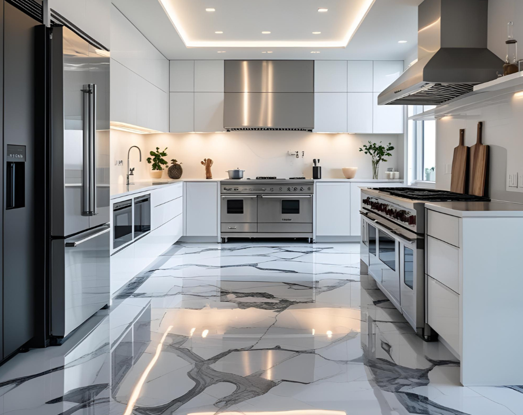 Metallic epoxy kitchen floor in a Northern Virginia home