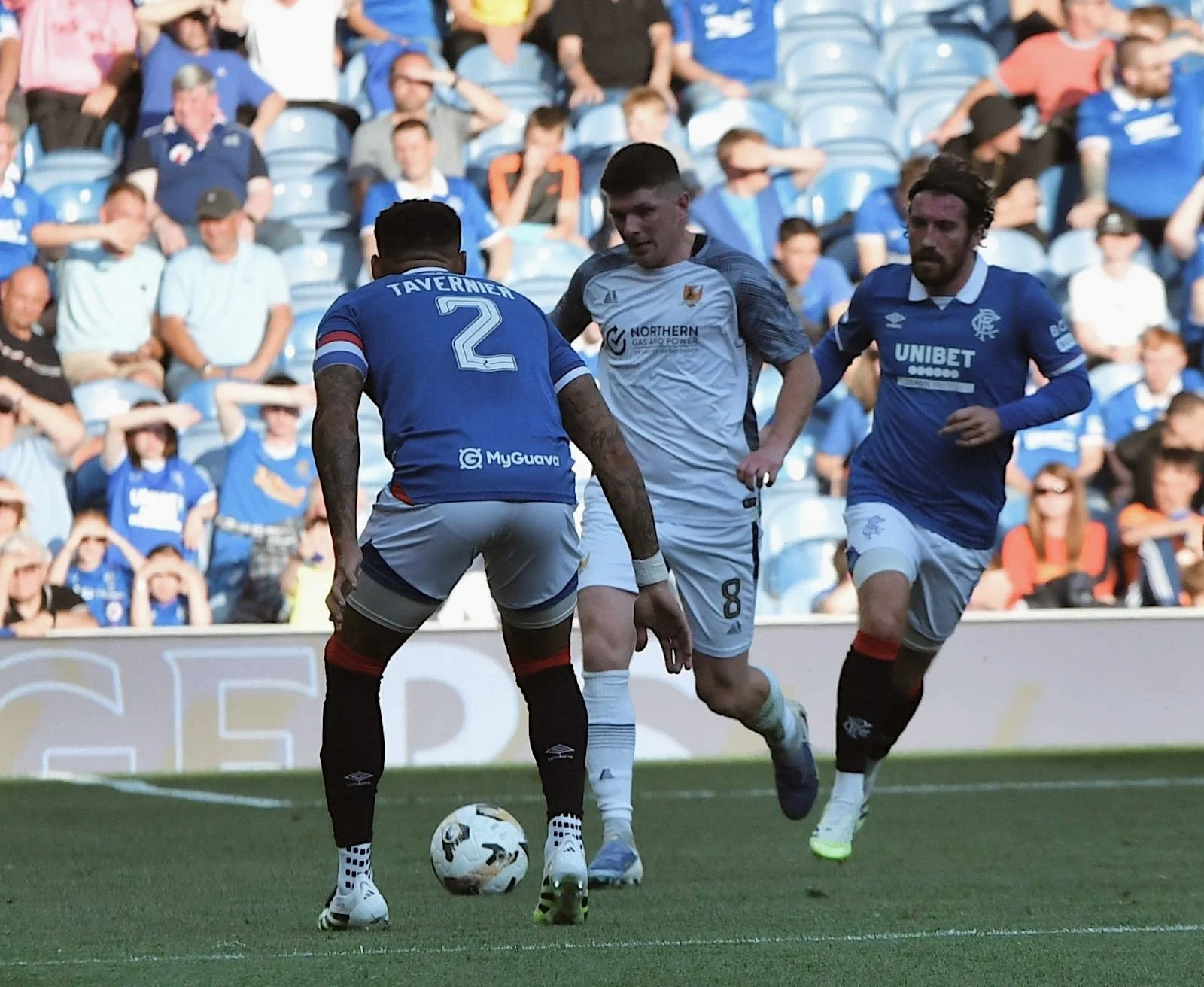 Kurtis Roberts playing for Alloa Athletic dribbling against James Tavernier for Rangers FC at Ibrox Stadium