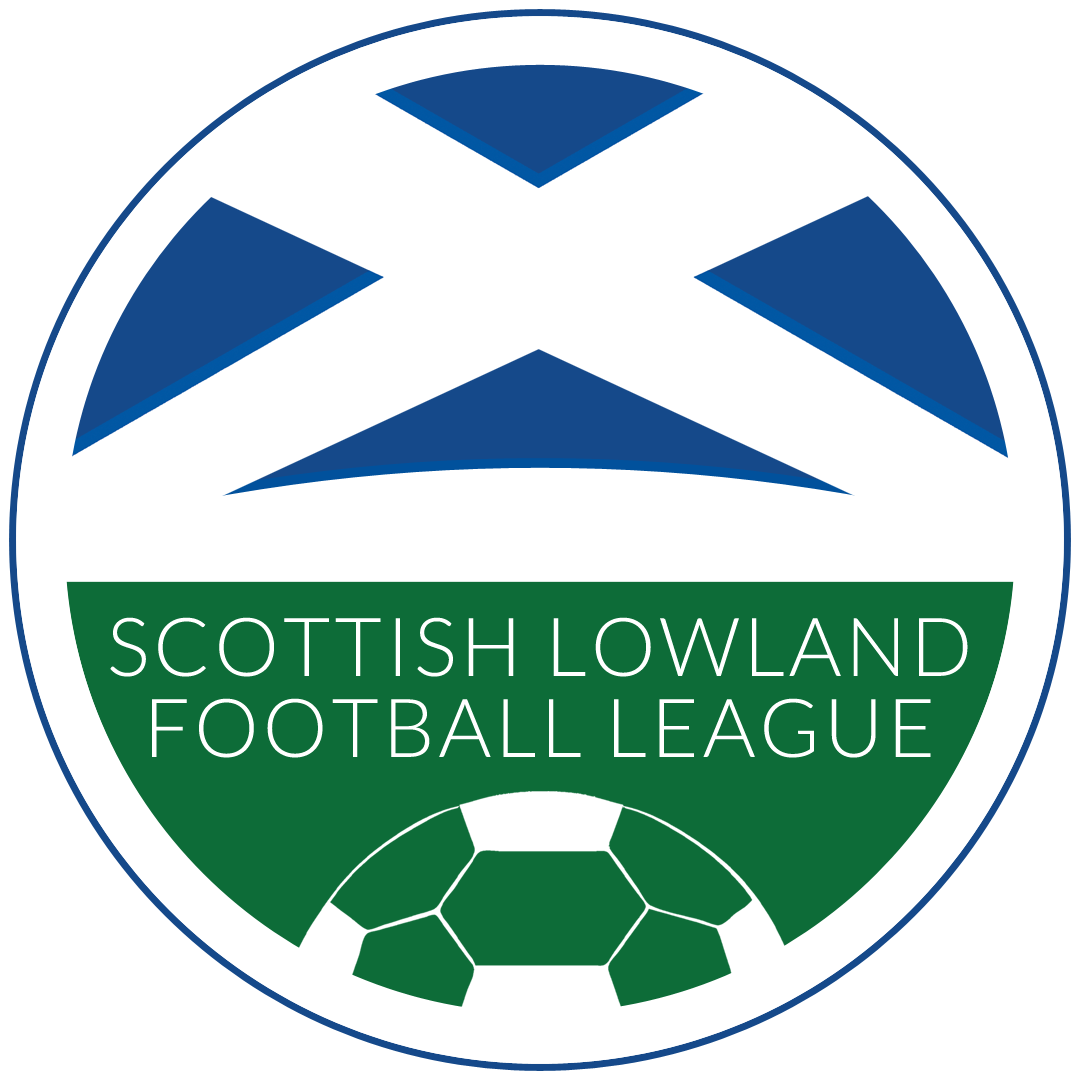 Logo of the Scottish Lowland Football League featuring a blue and white Scottish flag, green football pitch, and a white football at the bottom.