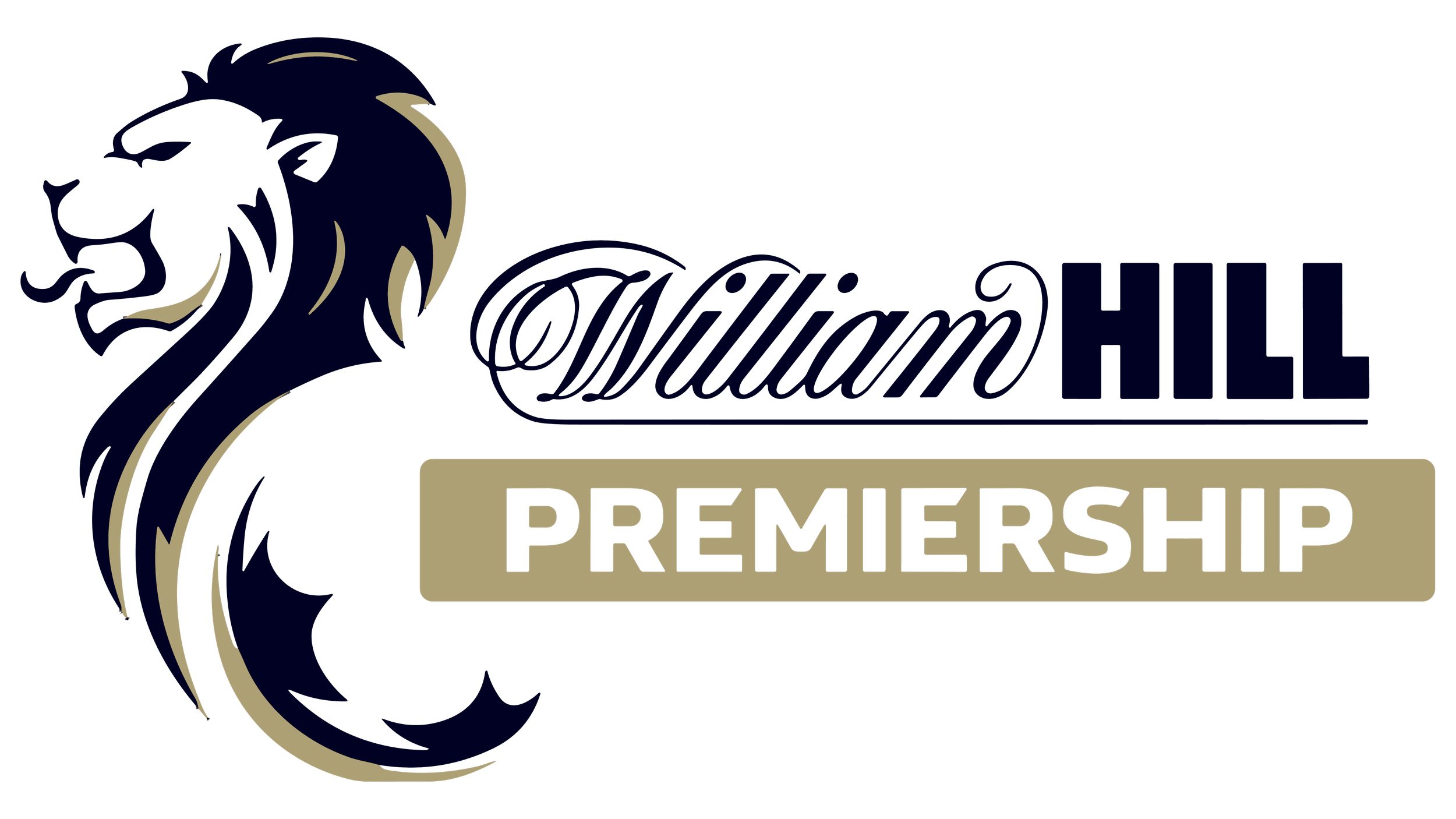 Logo for William Hill Premiership with a stylized lion's head on the left and text "William Hill PREMIERSHIP" on the right, on a black background.
