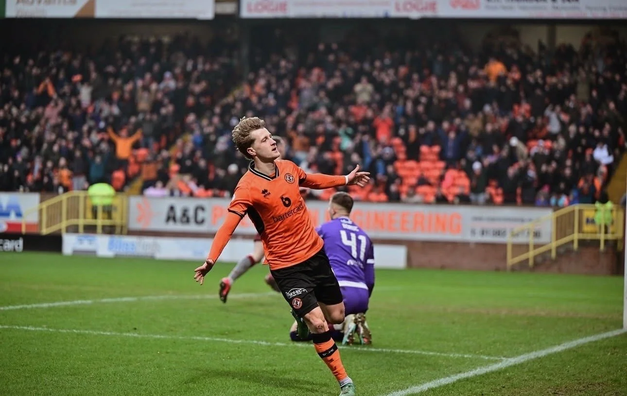Alex Greive celebrating for Dundee United FC orange kit during Scottish Premiership match at Tannadice Park