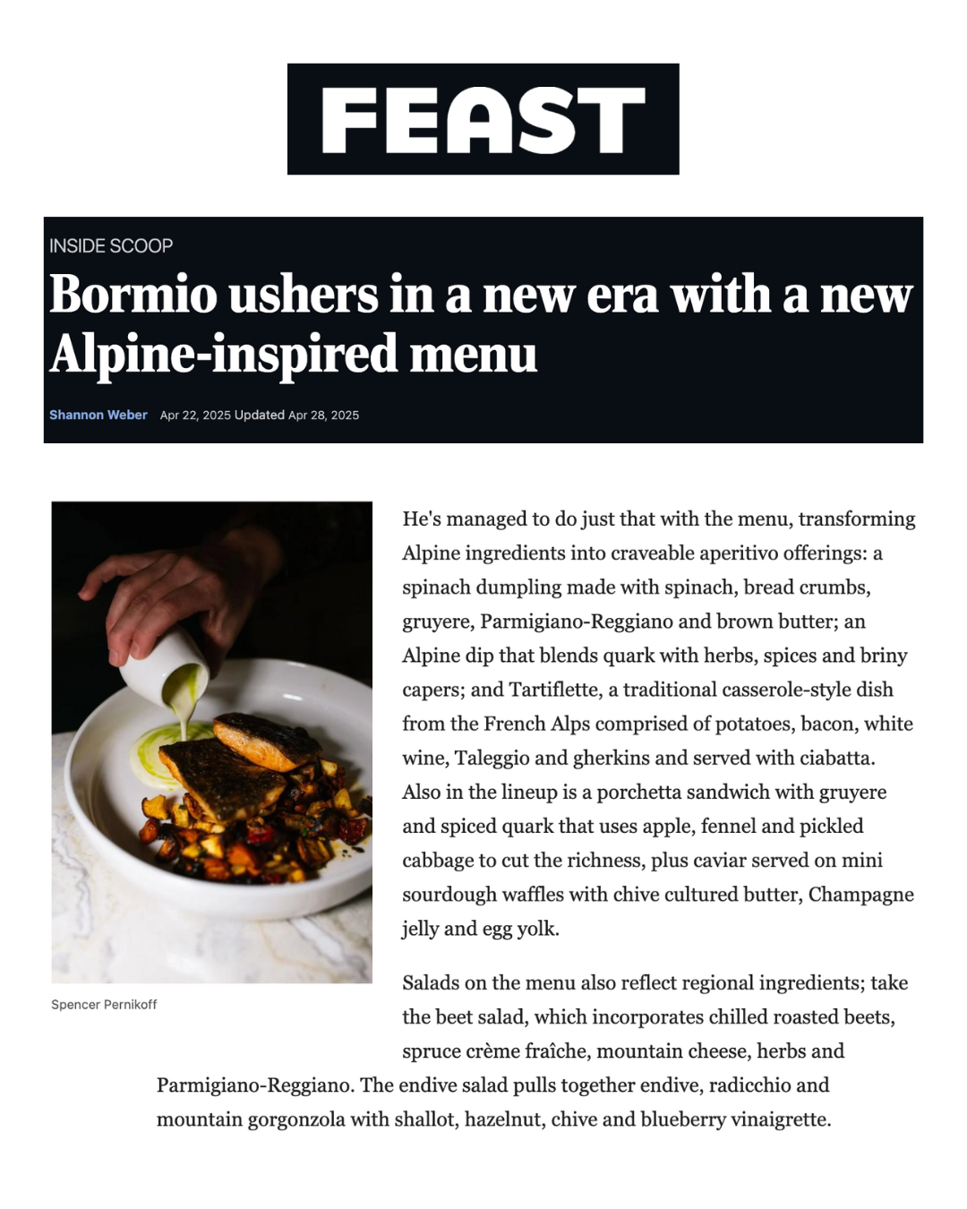 Article page from a magazine or newspaper about Bormio's new Alpine-inspired menu with a photograph of a dish featuring dark breaded items and colorful vegetables being drizzled with green sauce.