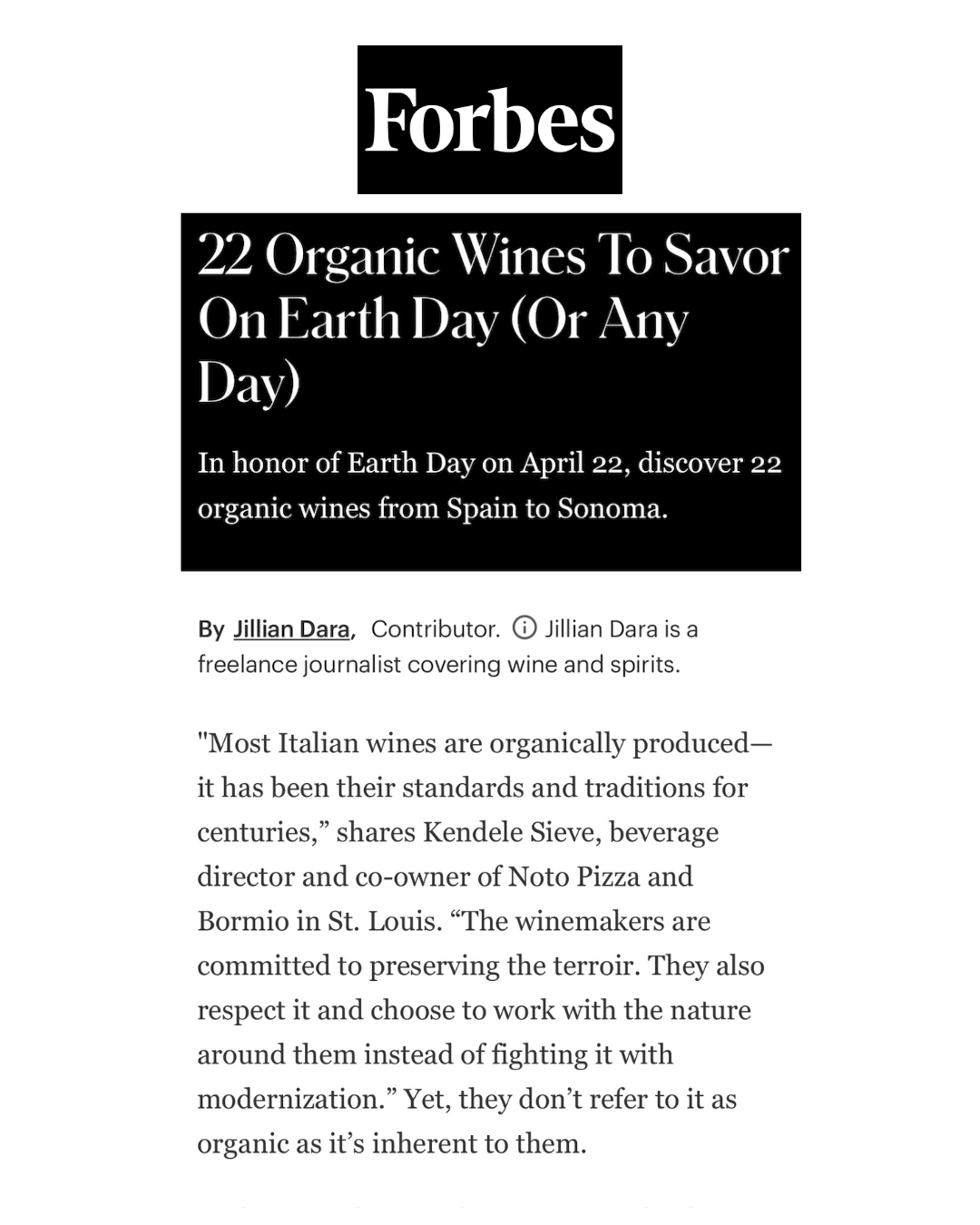 Forbes article titled '22 Organic Wines To Savor On Earth Day (Or Any Day)' by Jillian Dara, discussing organic wines from Spain to Sonoma.