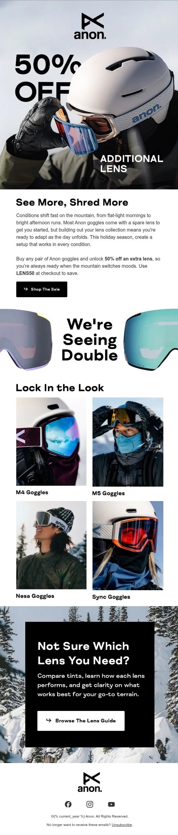 An advertisement for Anon goggles and helmets offering 50% off, featuring a rider adjusting their helmet with goggles, and showcasing multiple styles of goggles including M4, M5, Nesa, and Sync, with guides on lens selection.