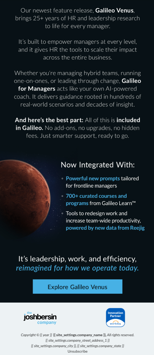 Promotional advertisement for Galileo Venus, an HR and leadership research tool. Features a partial image of Mars on the lower left and text describing the product's capabilities and integrations, with a blue call-to-action button labeled "Explore Galileo Venus".