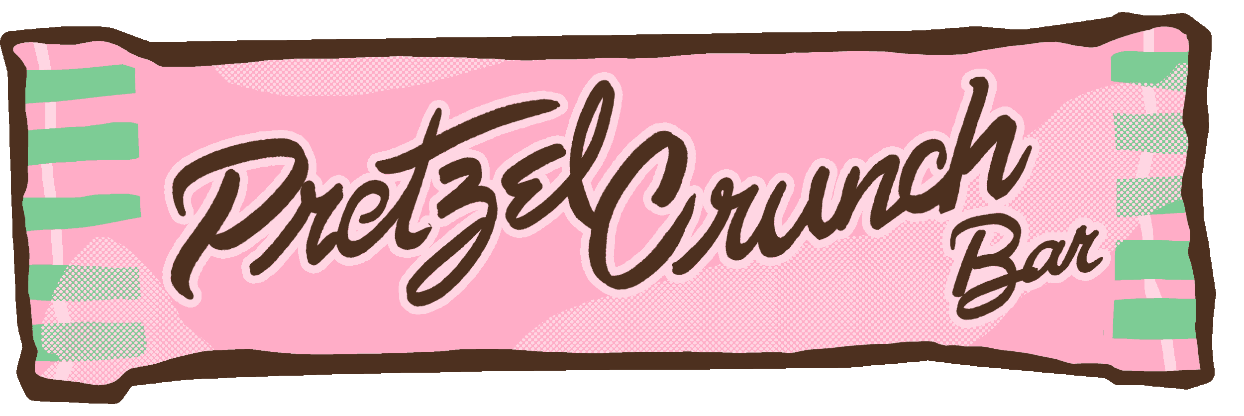 Pink candy bar wrapper with green and pink accents, labeled 'Preppy Crunch Bar' in brown cursive font.