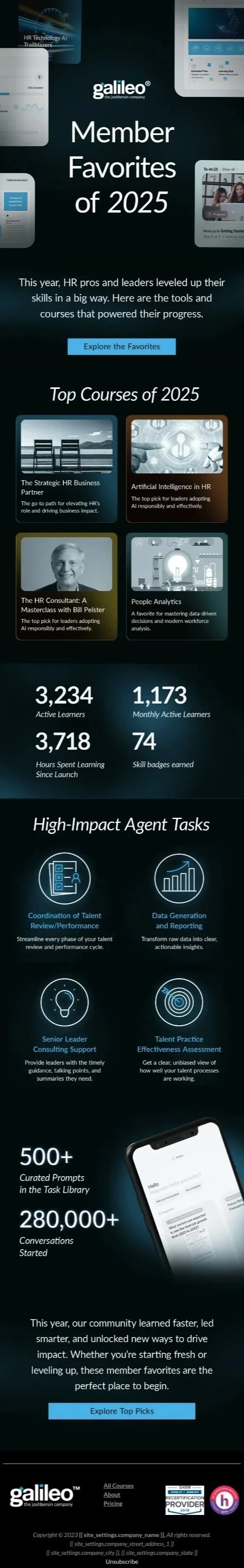 A digital infographic titled 'Member Favorites of 2025' by Galileo features top HR courses, key statistics, and high-impact agent tasks. It highlights popular courses like HR Business Partner, AI in HR, HR Consultant, and People Analytics, along with community learning stats, such as hours spent and skill badges earned. The infographic emphasizes agent tasks like talent review, data reporting, leadership consulting, and talent assessment, ending encouraging users to explore top picks.