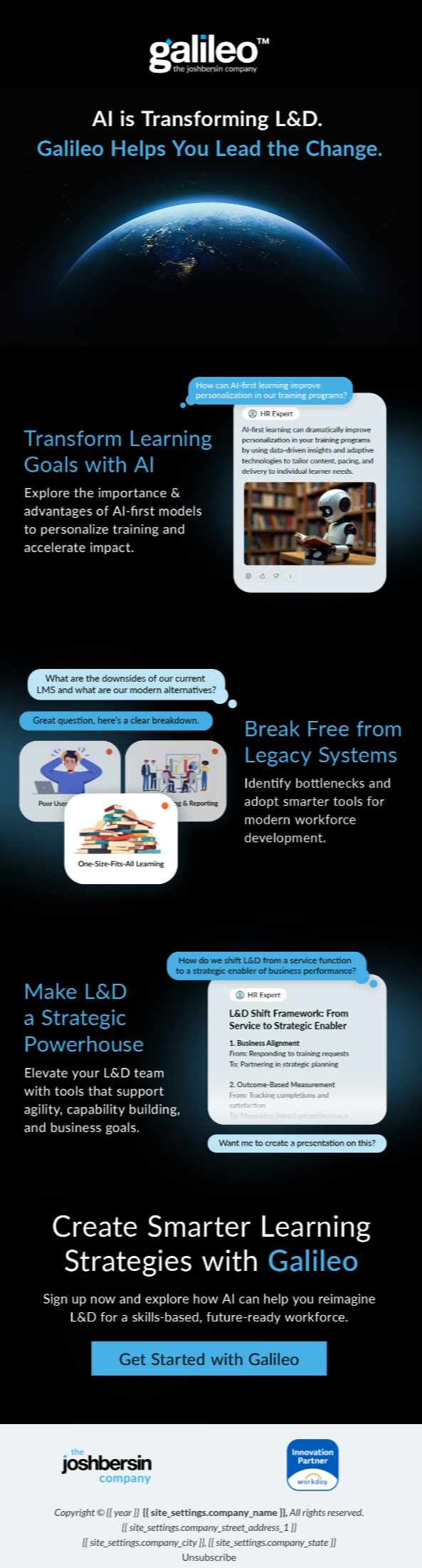 Promotional infographic for Galileo, an AI-driven learning and development platform, highlighting its features such as transforming learning goals, breaking free from legacy systems, making L&D a strategic powerhouse, and creating smarter learning strategies. The image includes sections with text, a mobile phone graphic, and the Galileo logo at the top.