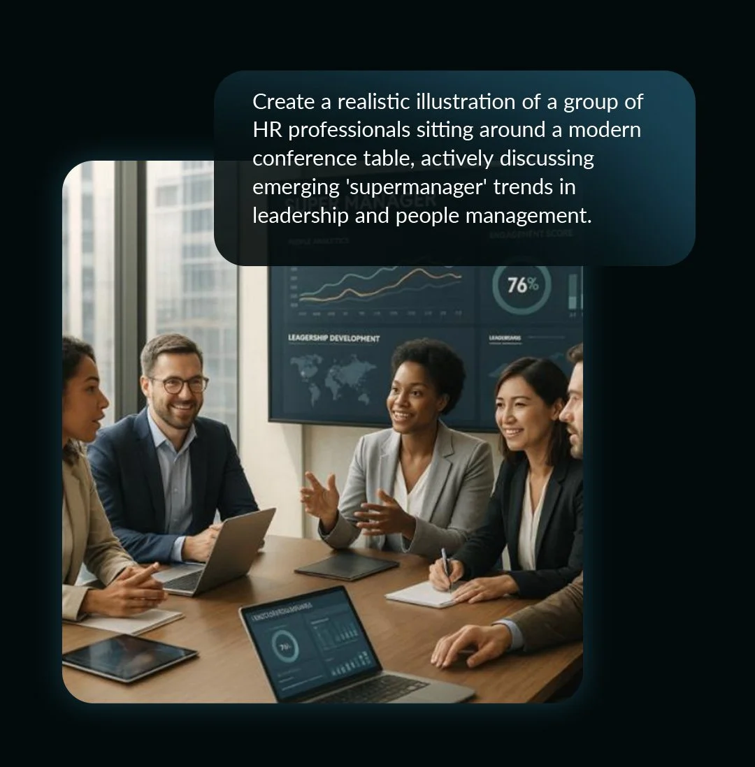 A diverse group of HR professionals having a discussion in a modern conference room with data charts on screens in the background.