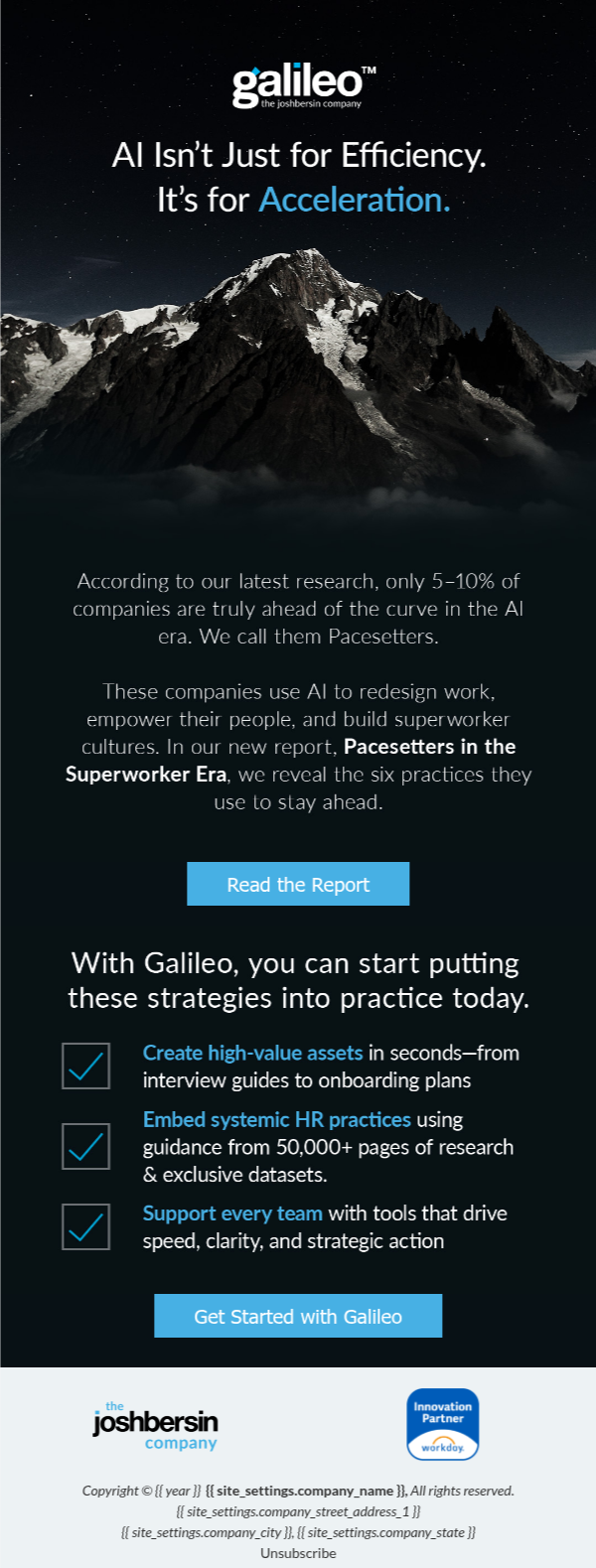 An advertisement for Galileo, a company that provides AI solutions, featuring a mountain landscape at night with a starry sky. The ad highlights AI's role in acceleration and discusses a report about AI-driven companies called Pacesetters. It includes calls to action to read the report and get started with Galileo, and mentions benefits like creating high-value assets, embedding HR practices, and supporting teams.