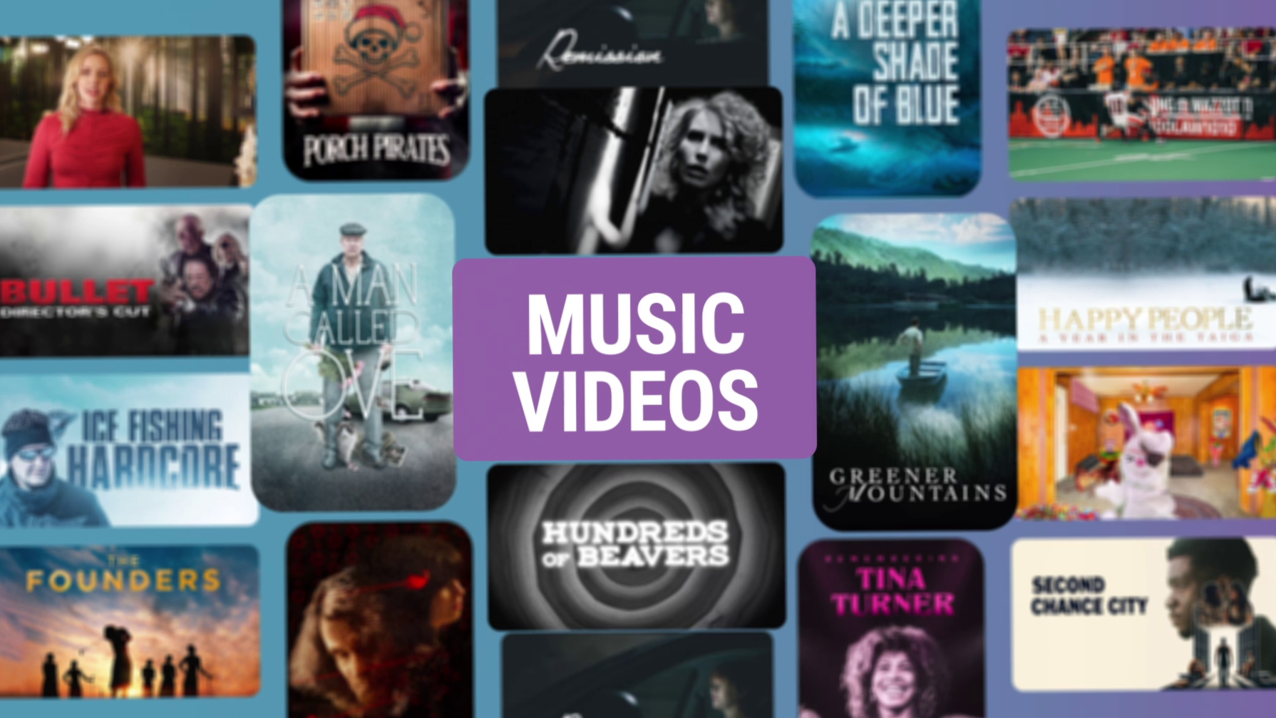 A collage of various music video covers with a central purple box labeled 'MUSIC VIDEOS'.