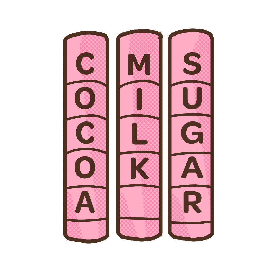 Illustration of three vertical pink columns with black outlines and lettering, spelling "COCOA", "MILK", and "SUGAR" from left to right, resembling a stylized candy or chocolate bar.