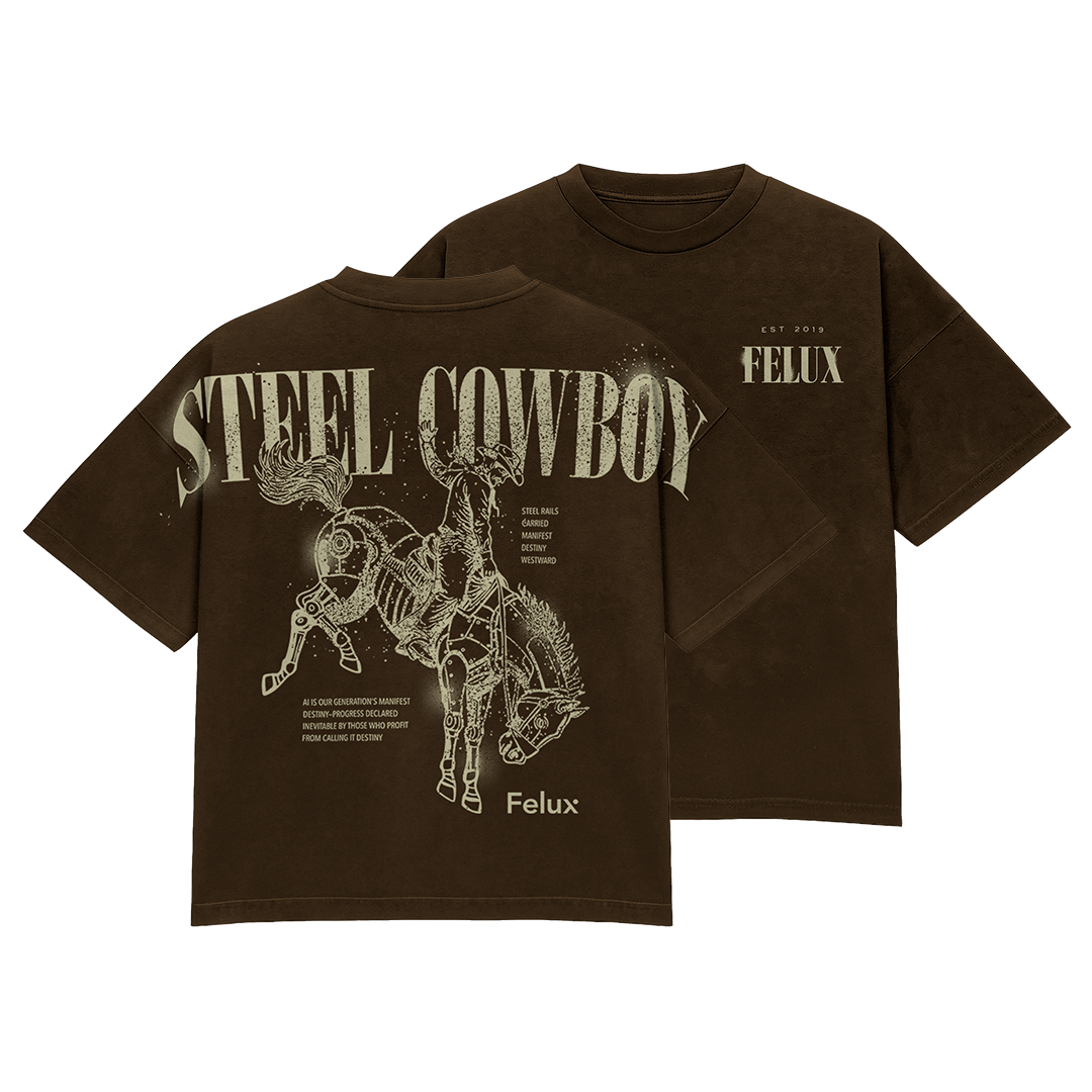 Two brown T-shirts, one with a graphic of a mechanical horse and the words 'Steel Cowboy' on the back, and the other with a small text logo 'Felux' on the front.