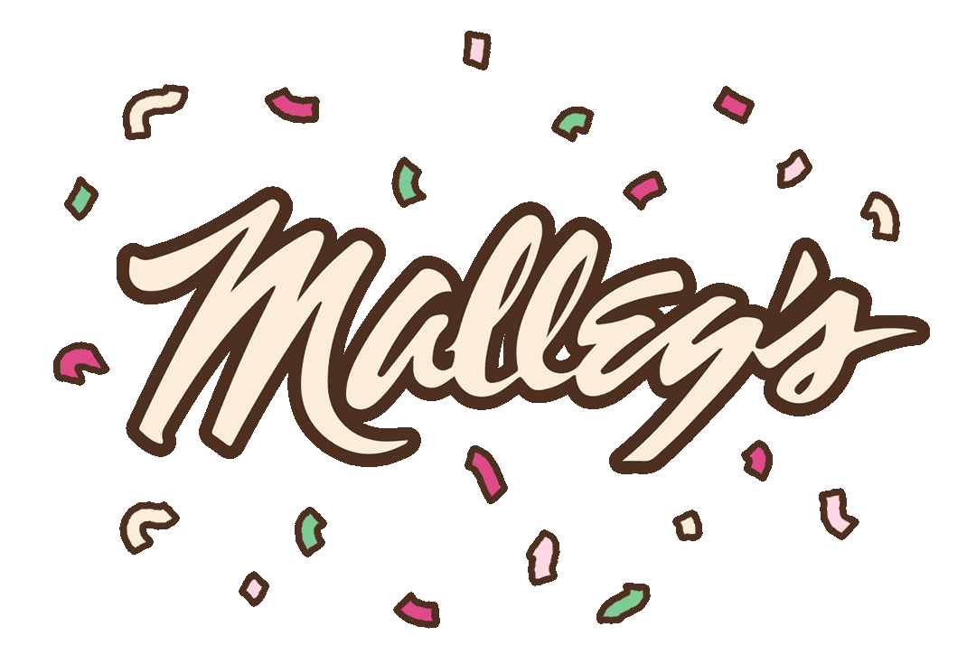 Celebratory graphic with the word 'Malleys' in stylized script font, surrounded by colorful confetti.