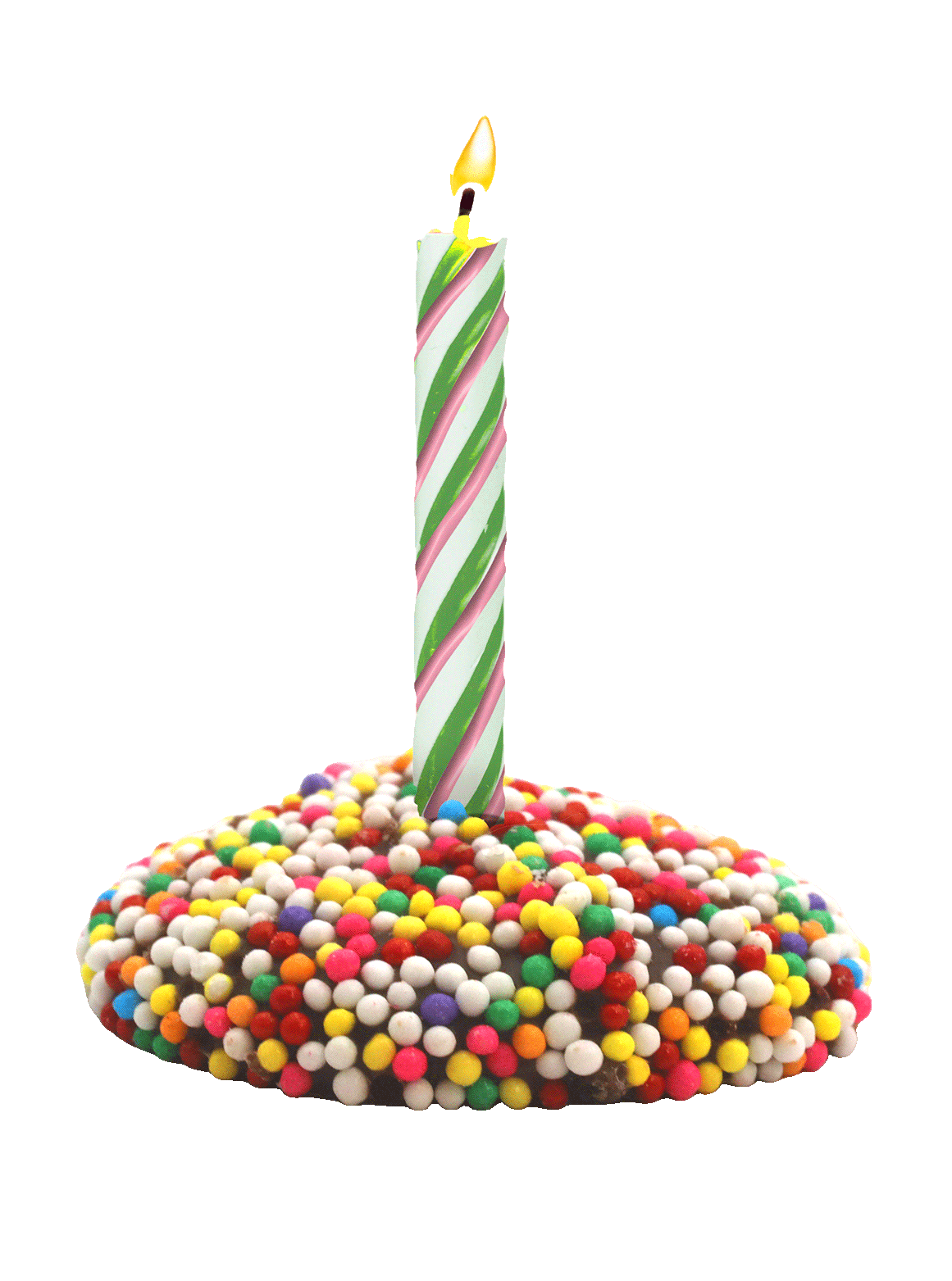 Decorative birthday candle with pink, green, and white stripes on a colorful, sprinkles-covered cake