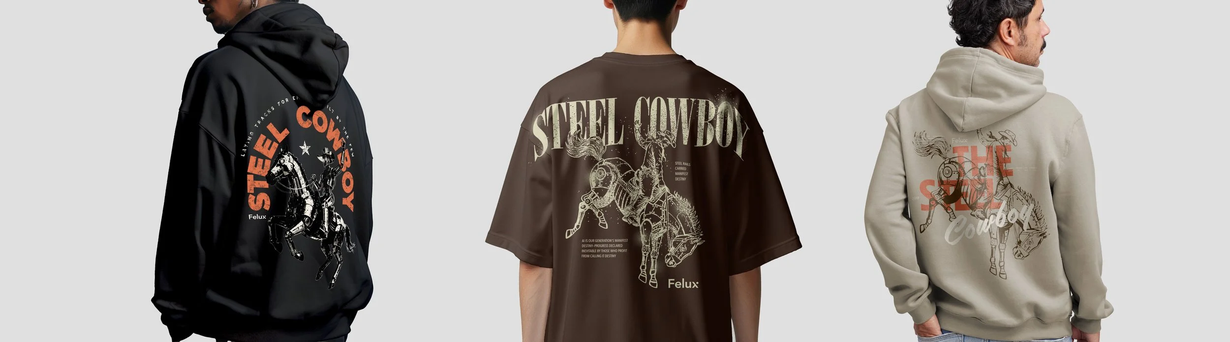 Three people wearing hoodies and a T-shirt, with each clothing item featuring a mechanical horse design and text related to a steel cowboy theme.