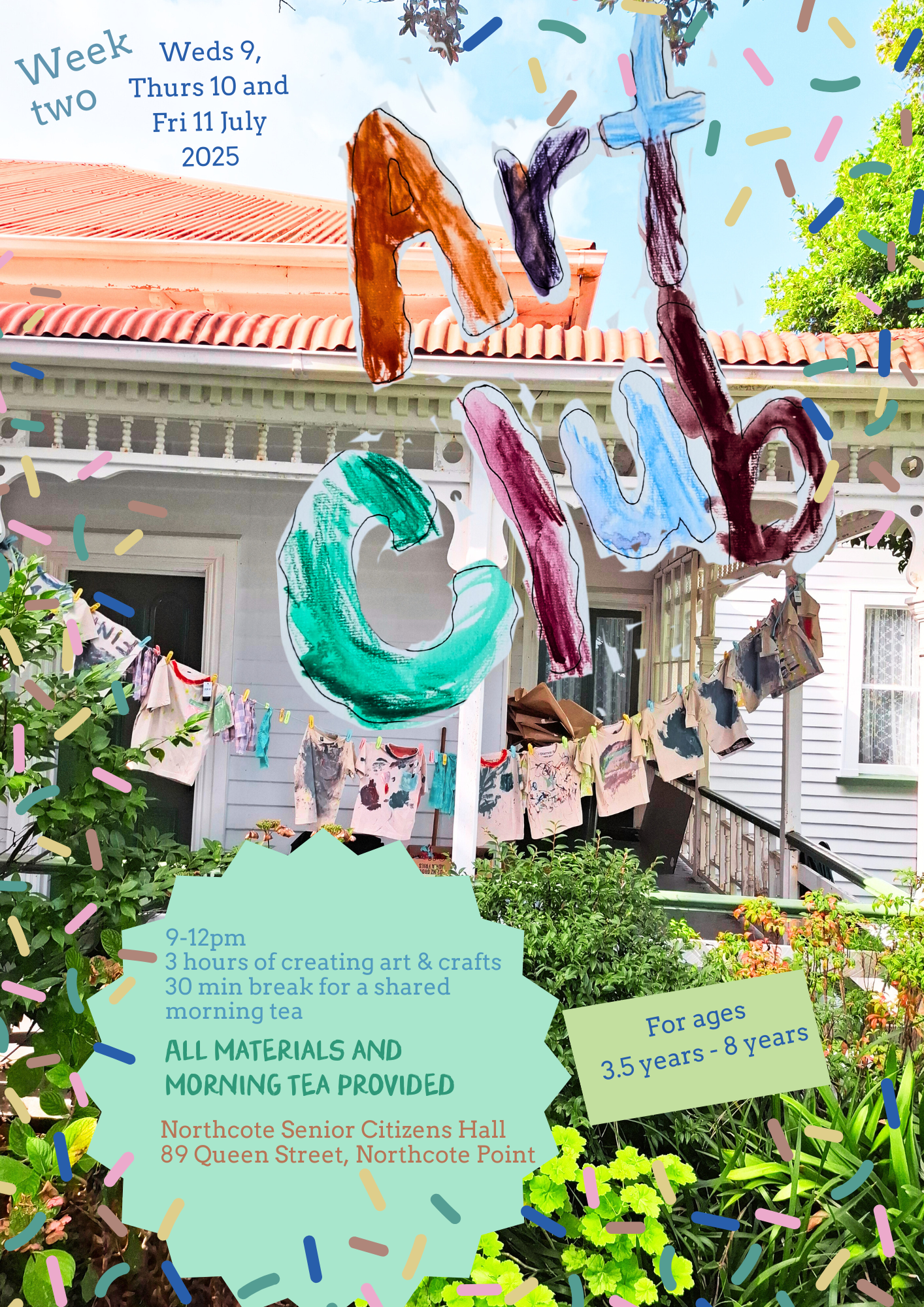 The poster for the art club in Northcote Point, for tamariki aged 3 to 8 years.
