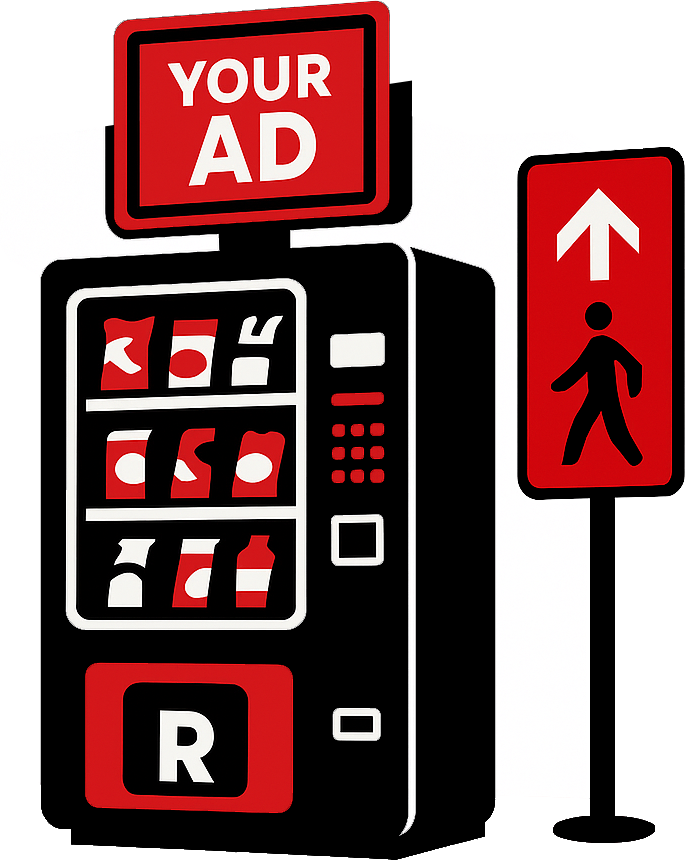 A vending machine with a large red sign at the top that says 'YOUR AD'. To the right, there is a red pedestrian sign with a walking person and an upward arrow. The vending machine has various snack and beverage icons displayed.