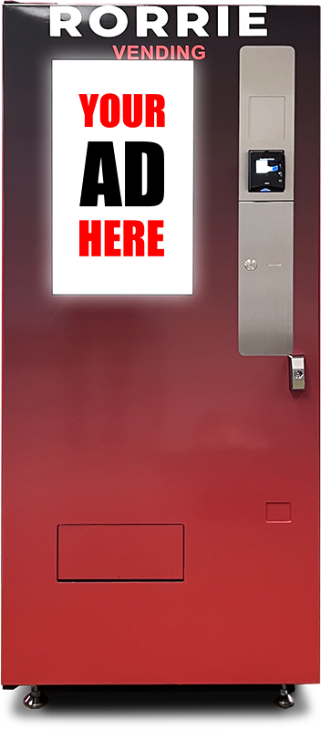 Red vending machine with a large digital display reading 'YOUR AD HERE' in red and black text, and a payment terminal on the right side.