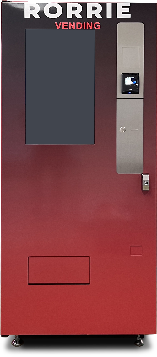 A red vending machine labeled 'RORRIE VENDING' with a large black display screen and a payment terminal on the right side.