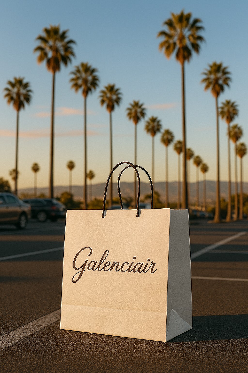 A shopping bag with the name 'GalenciAir' on it, placed on a parking lot with palm trees and mountains in the background at sunset.