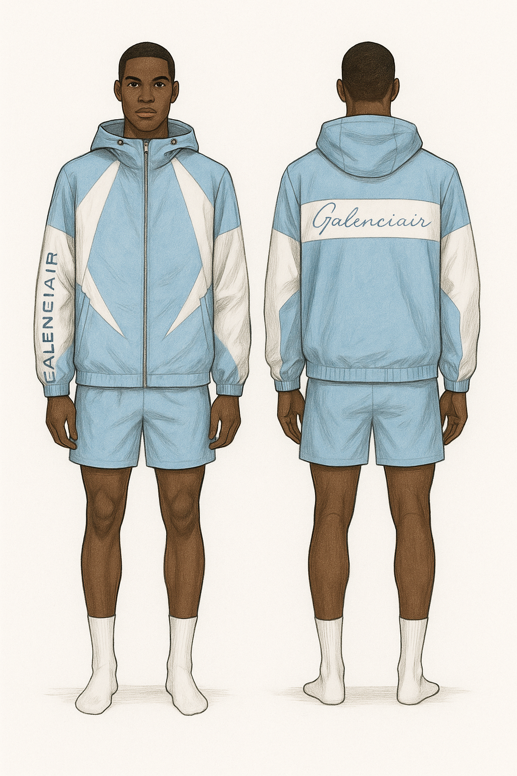 Front and back views of a male in a light blue and white sports tracksuit with the word 'Balenciaga' on the left sleeve and back.