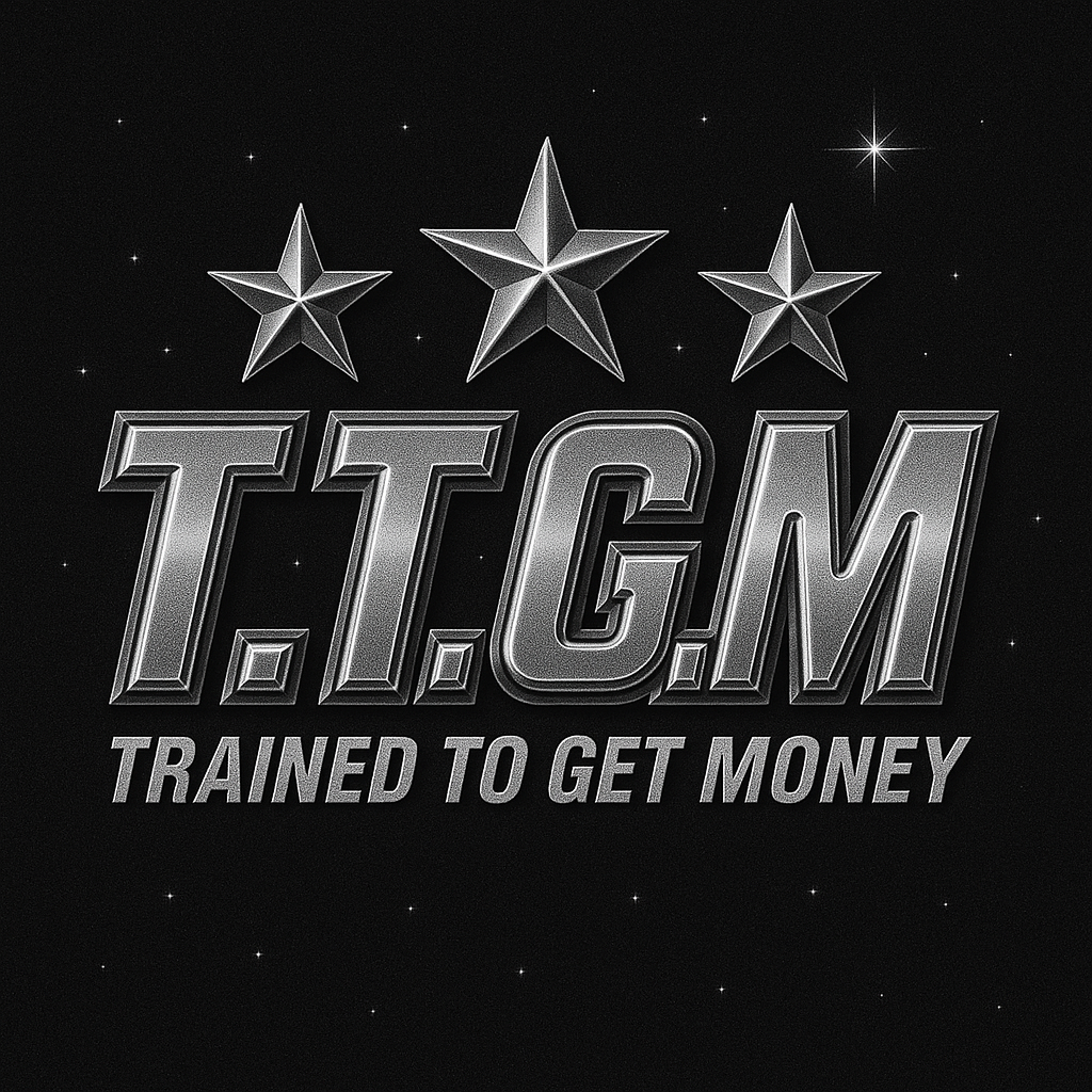 Silver metallic text and stars on a black background with the words 'T.T.G.M' and 'Trained to Get Money' underneath, featuring three large stars at the top.