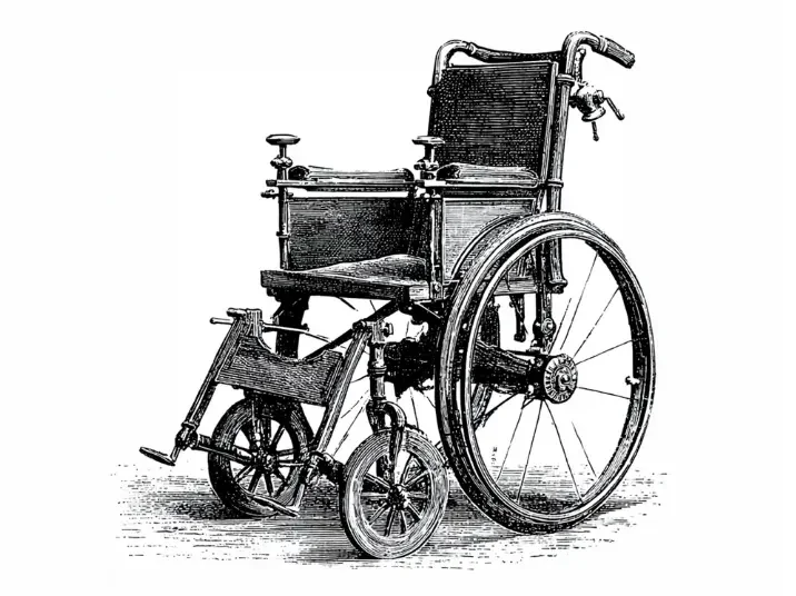 A vintage illustration of a wheelchair.